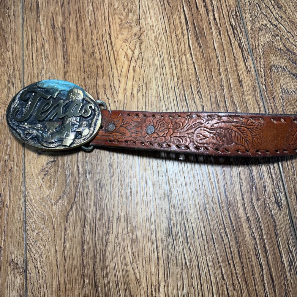 VTG 1985 High Mesa Texas Bronze Buckle Tooled Engraved Leather Kids Belt Floral - Picture 3 of 9